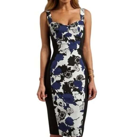 Black Halo Dresses & Skirts - Black Halo Sadie Colorblock Panel Navy Blue Floral Sheath Dress Size 6